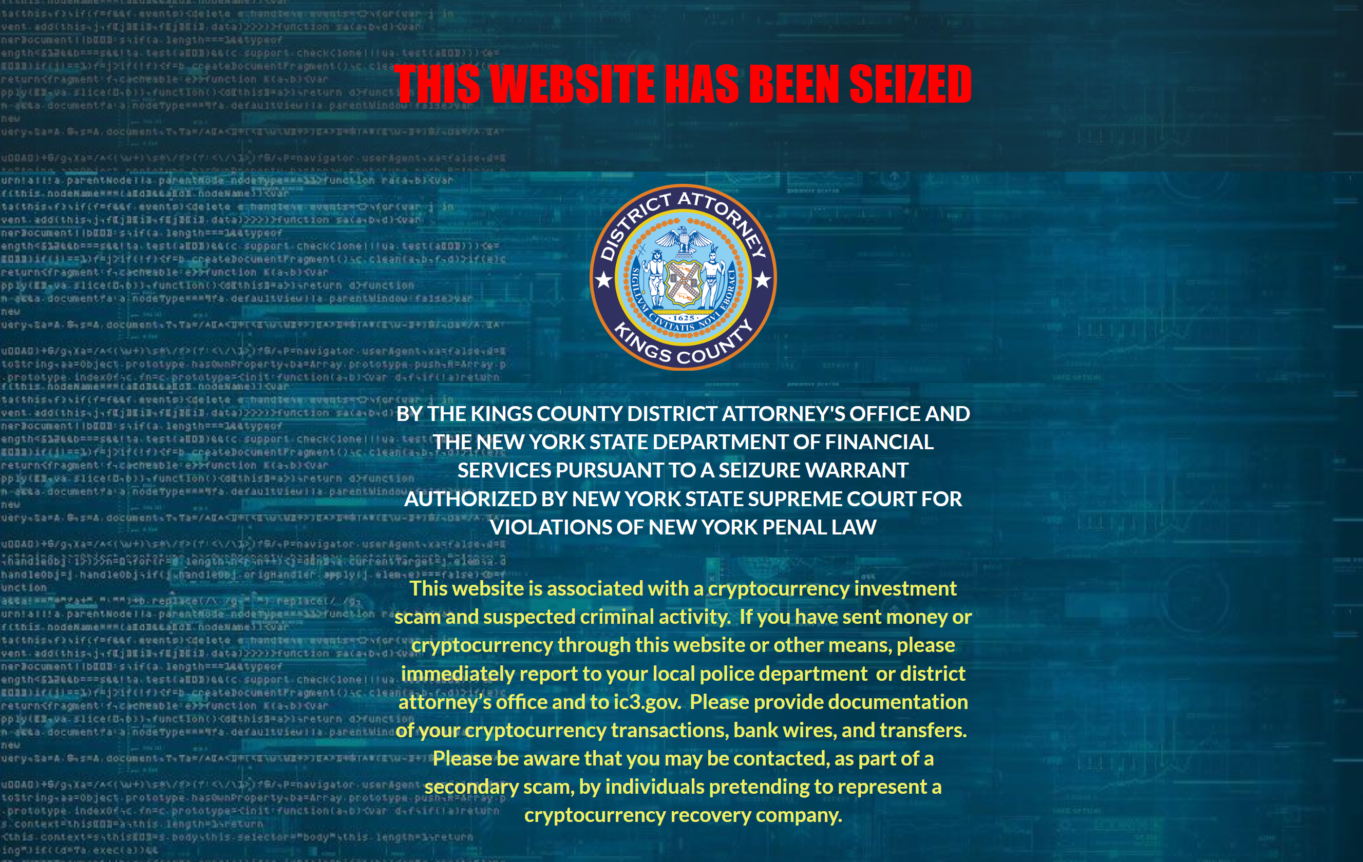 Cryptocurrency scam 6 seizure banner
