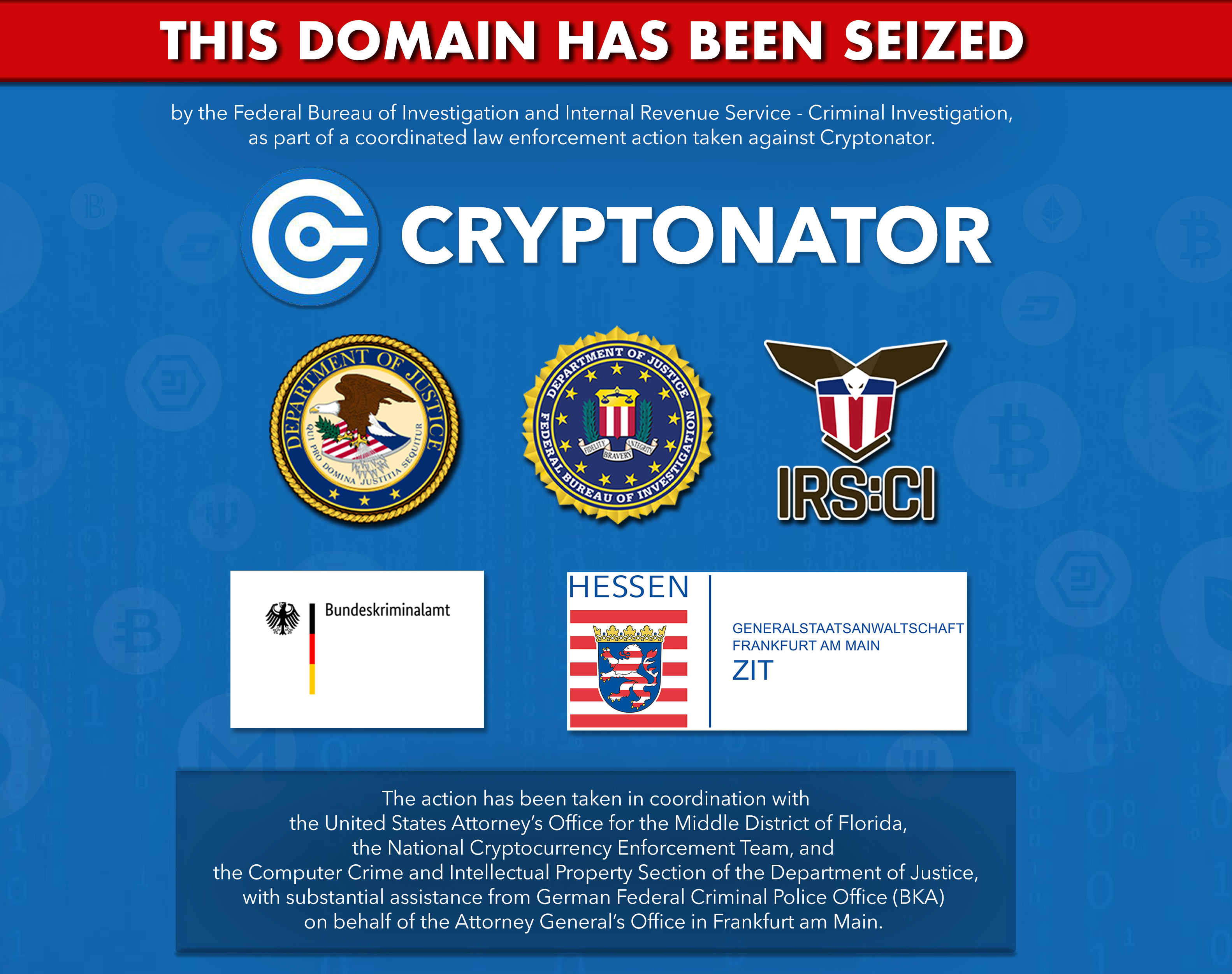 Cryptonator seizure banner