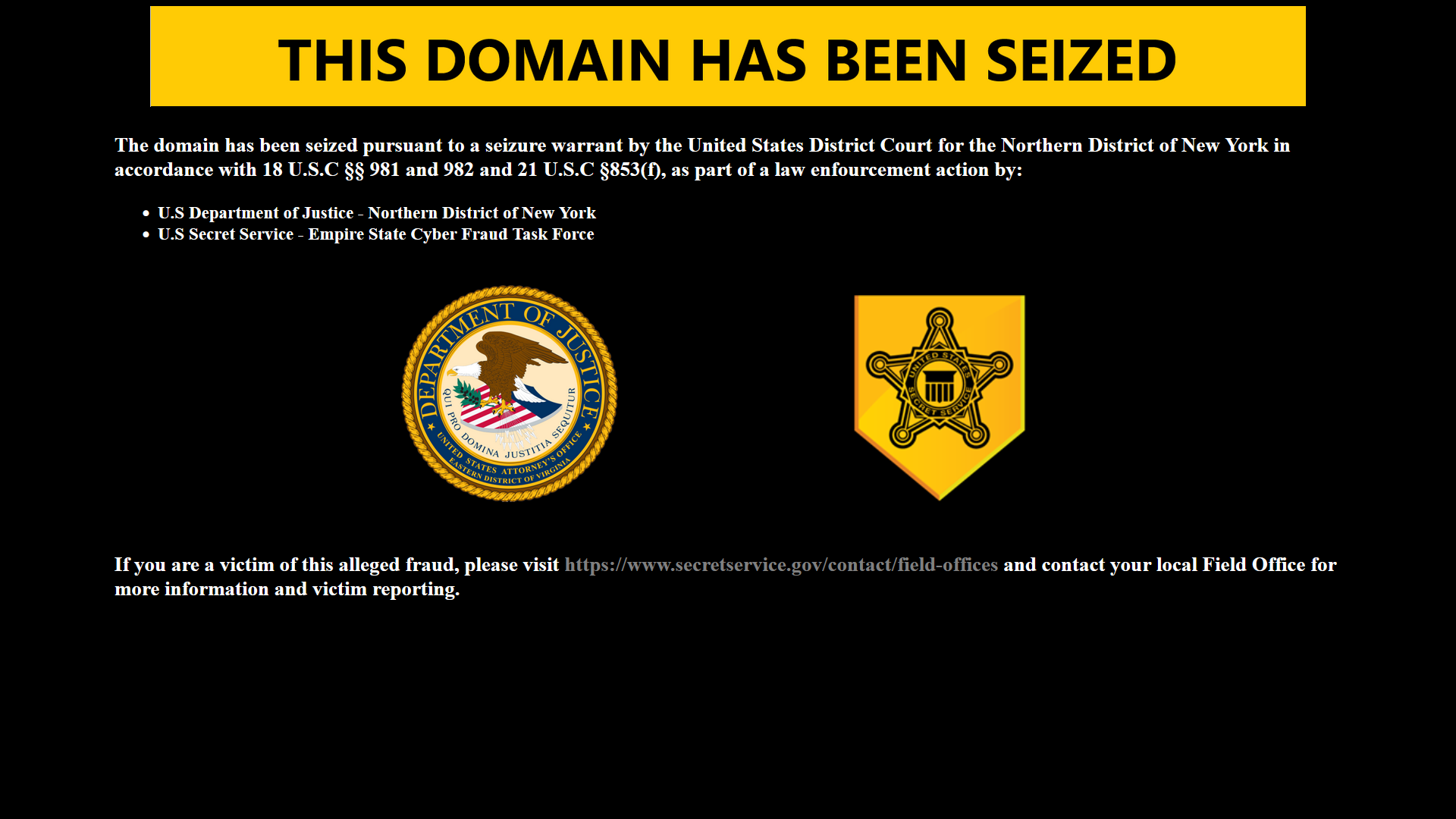 Fake crypto platform seizure banner