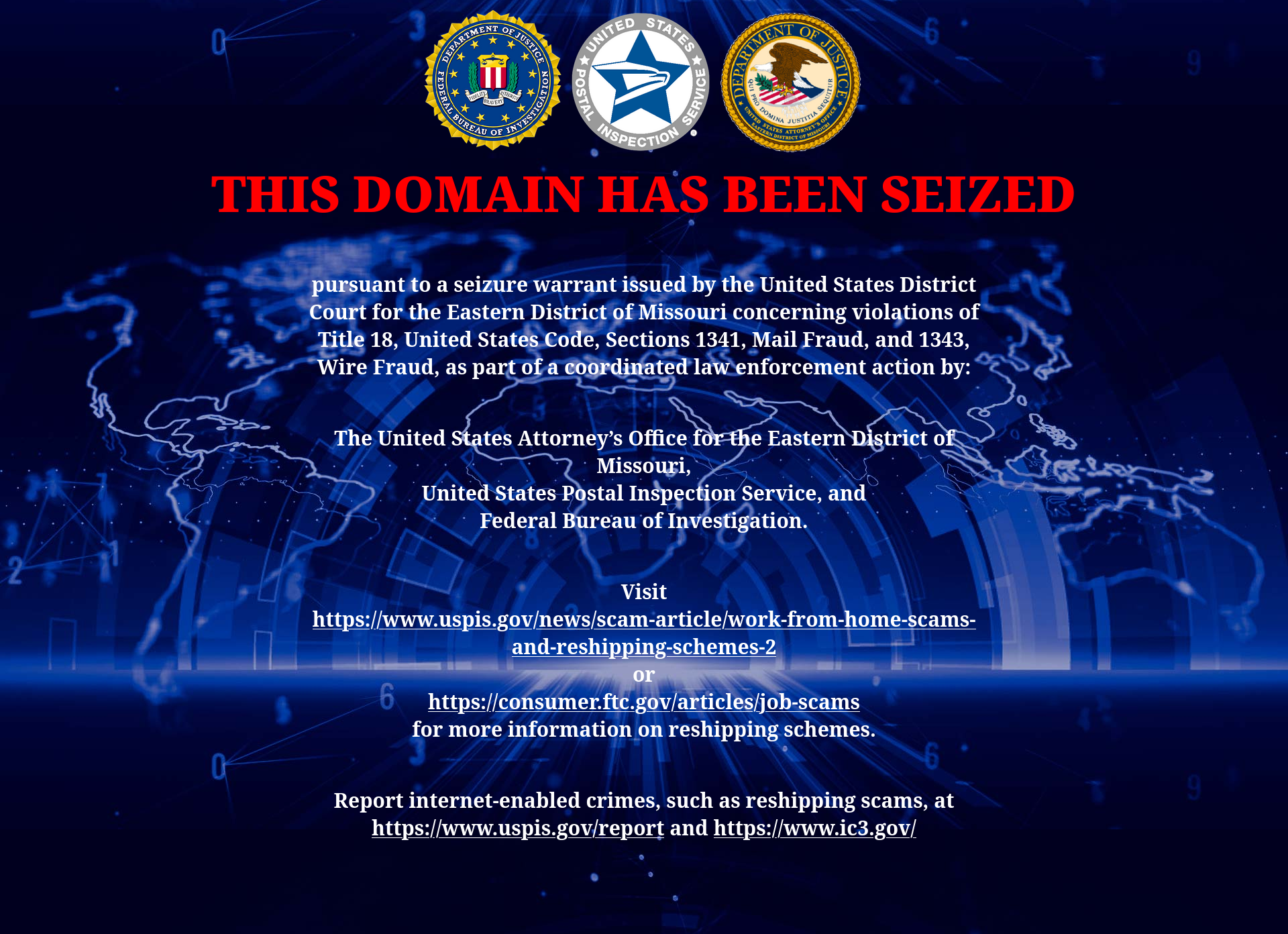 Work-from-home and reshipping scams seizure banner