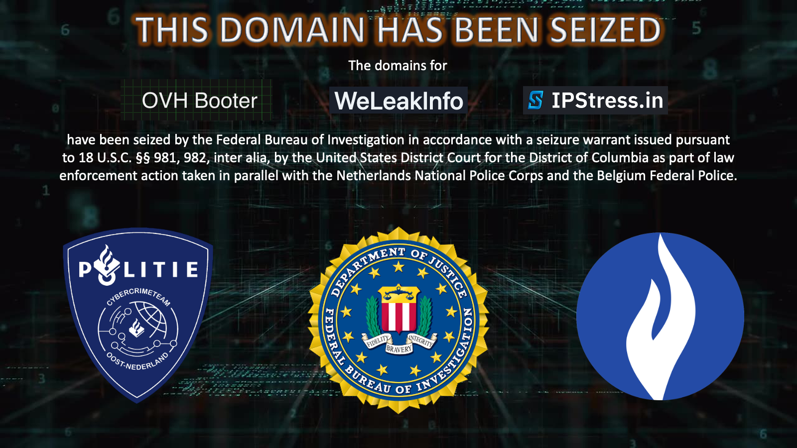 OVH Booter, WeLeakInfo, IpStress.in seizure banner