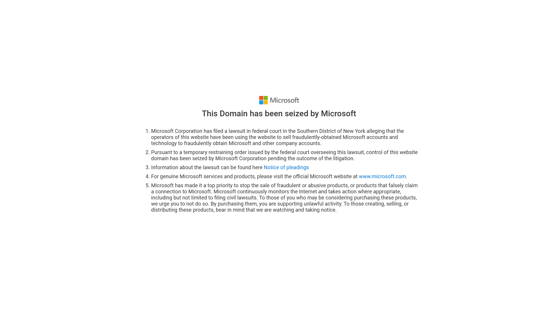 Microsoft Account Shop seizure banner