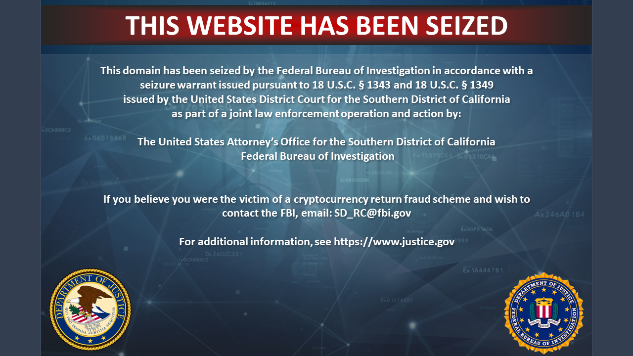 Cryptocurrency scam 3 seizure banner